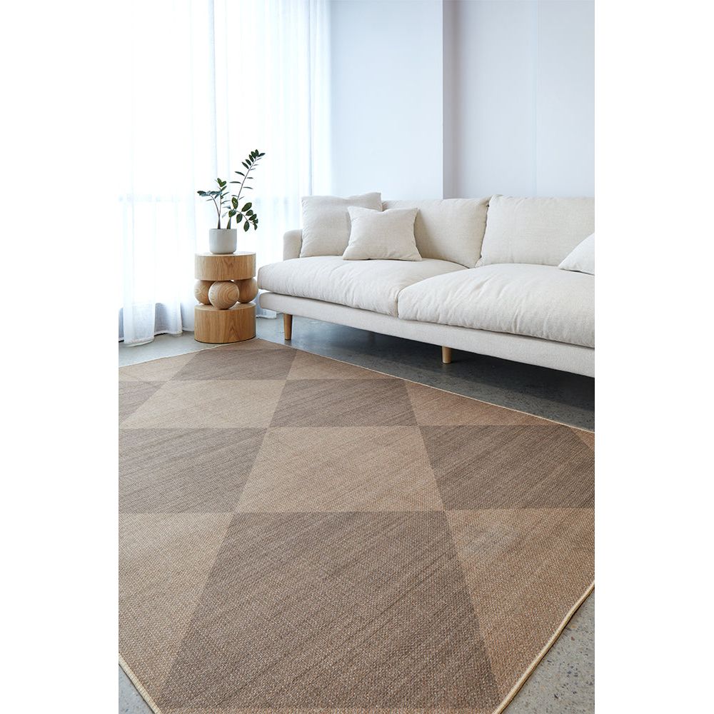 Living room with a geometric patterned rug, white sofa, and small table with plants.