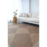 Living room with a geometric patterned rug, white sofa, and small table with plants.