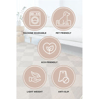 Product features of our Augusta 1752 Stripe Patterned Modern Machine Washable Rug with icons and text on a neutral background