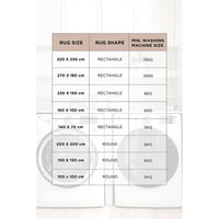 Table showing rug size, shape, and minimum washing machine size requirements.