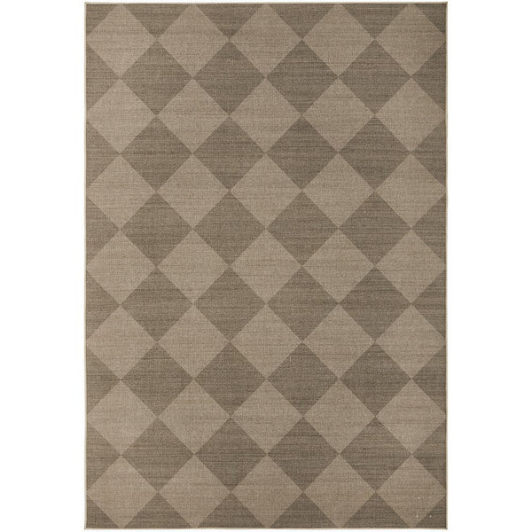 Checkered pattern rug with brown and beige squares on a white background