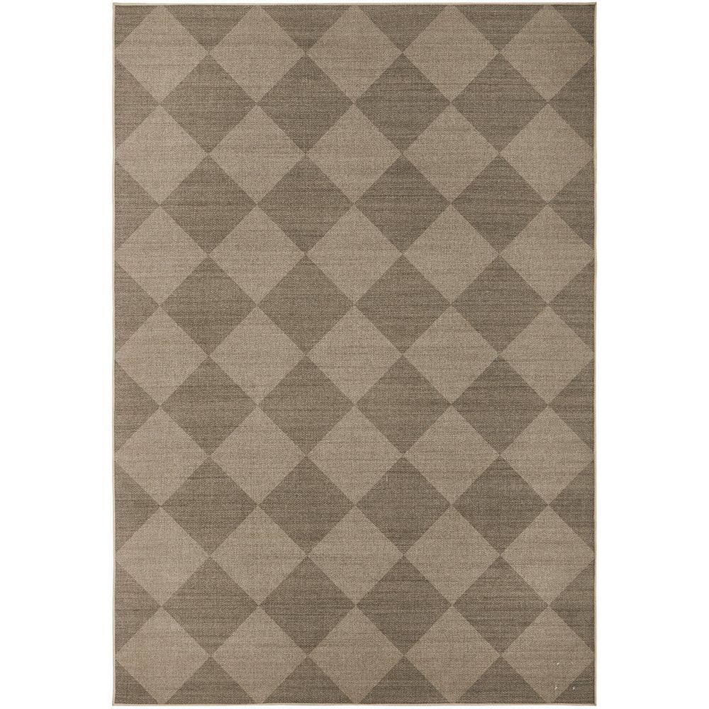 Checkered pattern rug with brown and beige squares on a white background