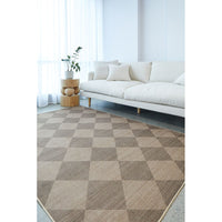 Living room with a checkered rug, white sofa, and small table with plants.