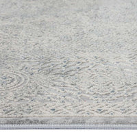 Grey rug with subtle multi-coloured abstract swirling patterns and a soft textured surface.