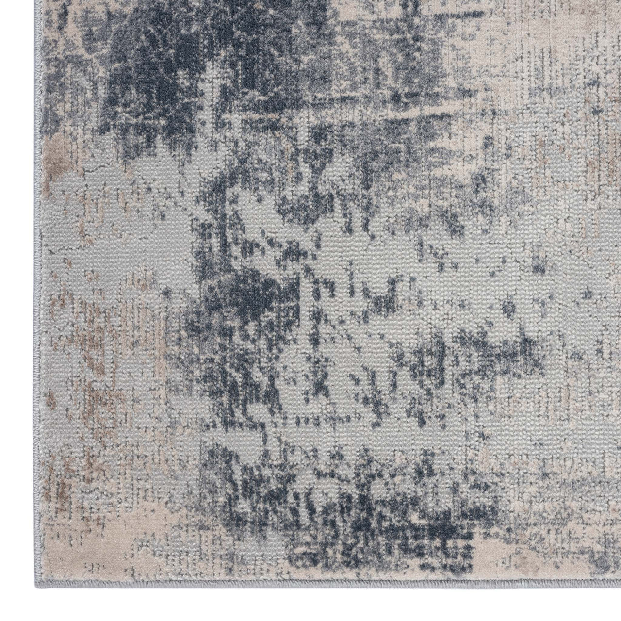 Grey and beige abstract patterned modern runner rug with textured low-shed fibers.