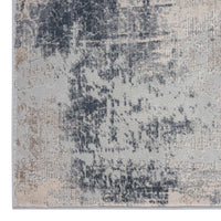 Grey and beige abstract patterned modern runner rug with textured low-shed fibers.