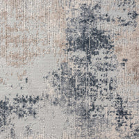 Grey and beige abstract patterned runner rug with textured low-shedding fibers.