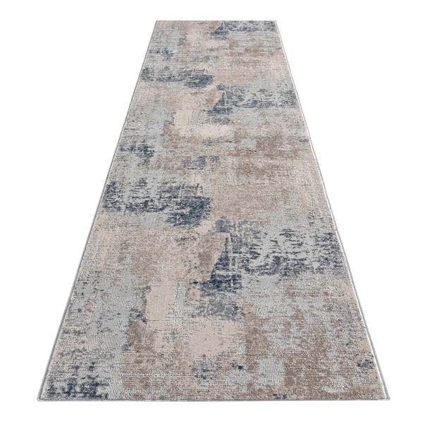 Grey and beige abstract modern runner rug with textured multi-colored pattern.