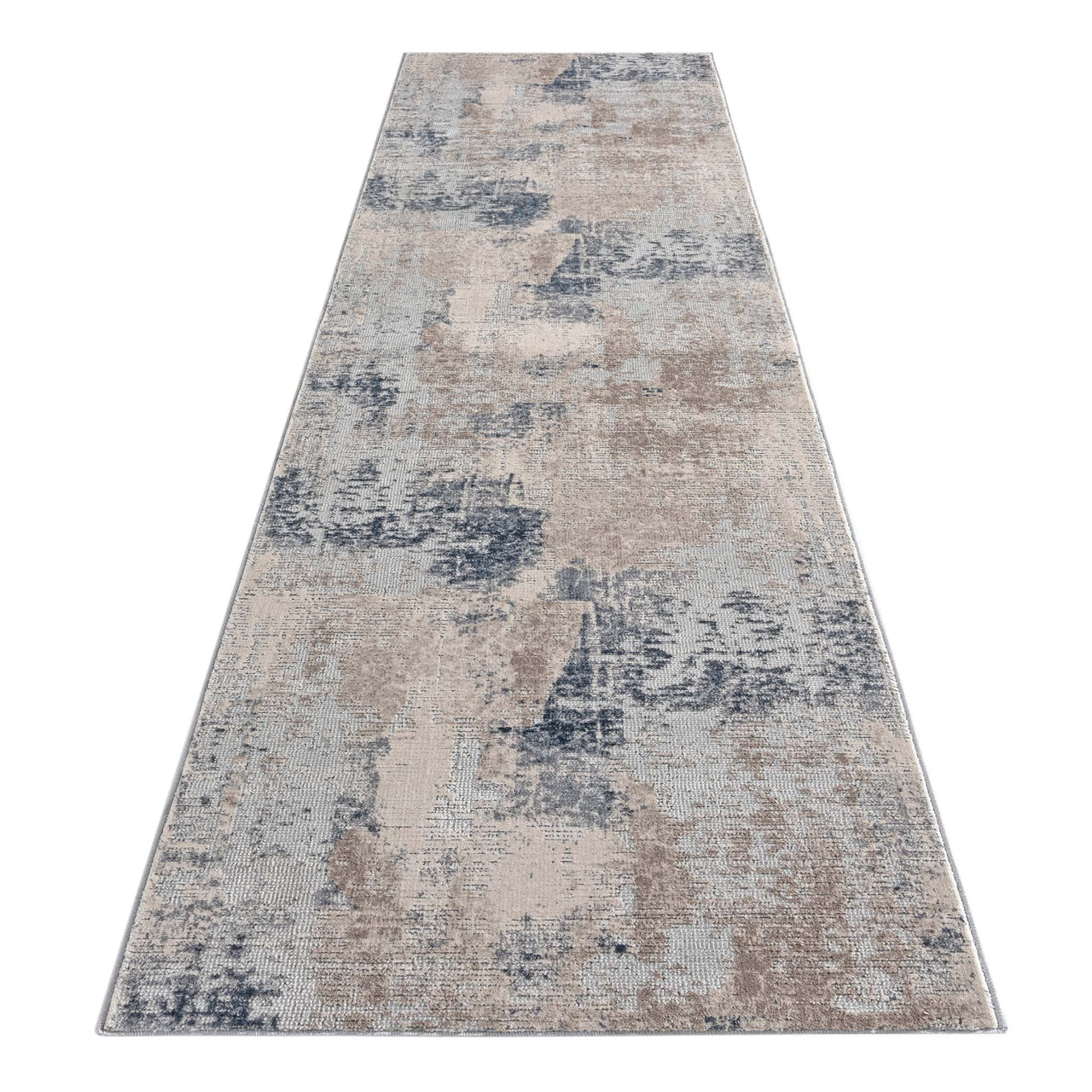 Grey and beige abstract modern runner rug with textured multi-colored pattern.
