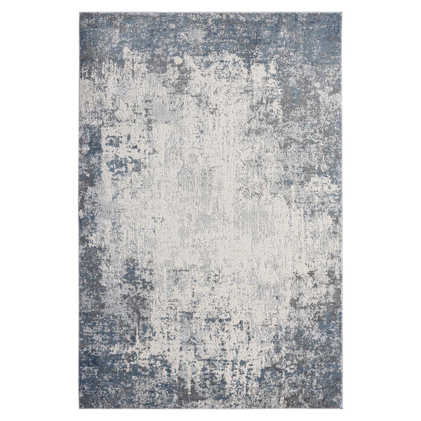 Grey and white abstract patterned modern rug with a distressed, textured look.