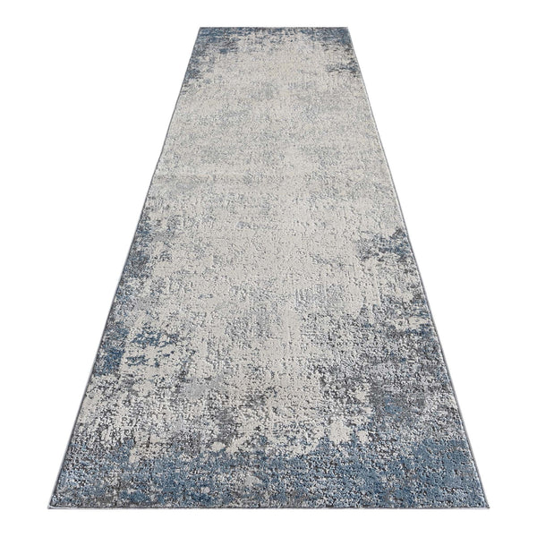 Grey and blue abstract modern runner rug with distressed texture and subtle pattern.