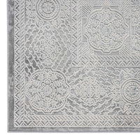 Grey runner rug with intricate floral and geometric abstract patterns in soft tones.