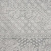 Grey runner rug with intricate raised abstract patterns and textured border detailing.
