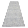 Grey runner rug with subtle textured abstract pattern and narrow border edges.
