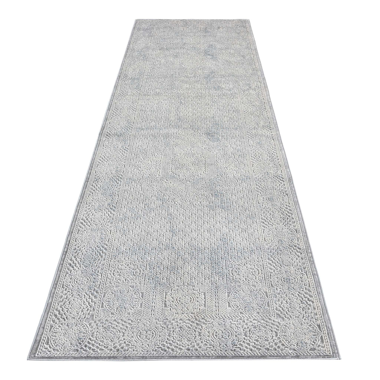 Grey runner rug with subtle textured abstract pattern and narrow border edges.