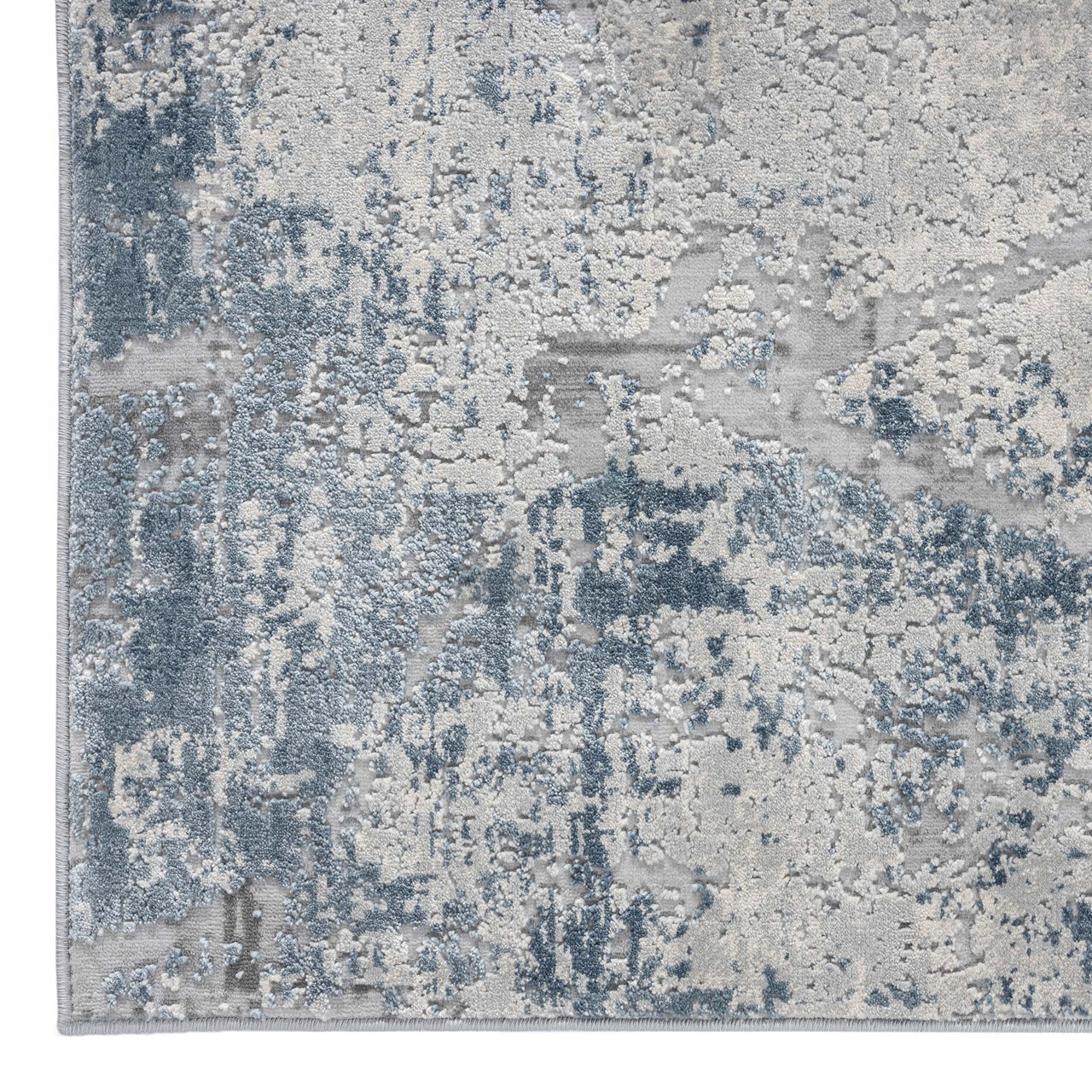 Blue grey abstract modern runner rug with textured, distressed pattern and subtle multi-tonal accents.