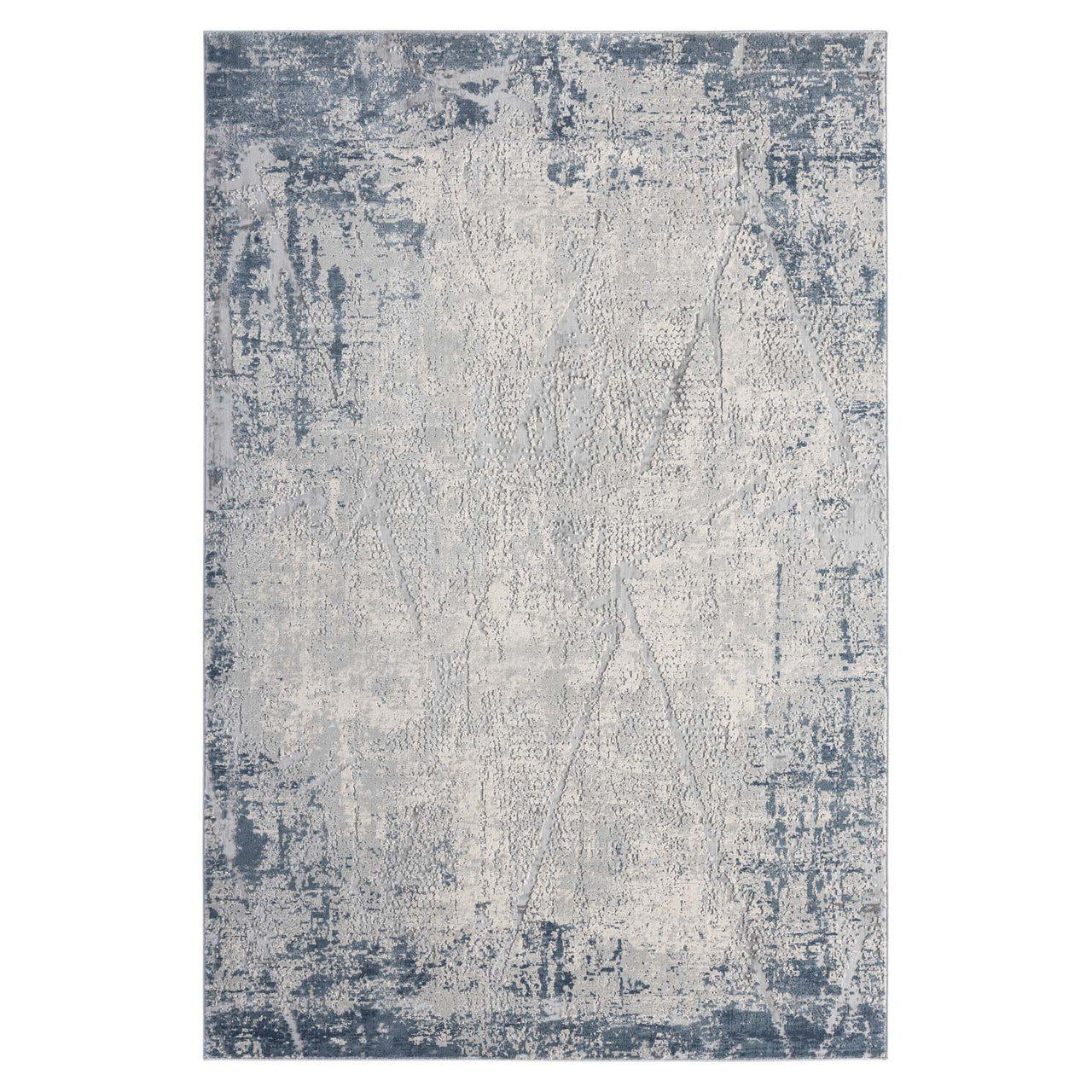 Blue grey abstract modern rug with distressed multi-colored pattern and textured look.