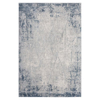 Blue grey abstract modern rug with distressed multi-colored pattern and textured look.