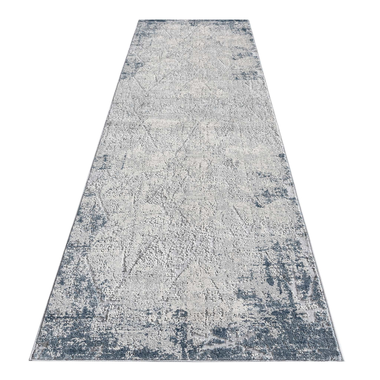 Blue grey abstract modern runner rug with textured multi-colored pattern and distressed edges.