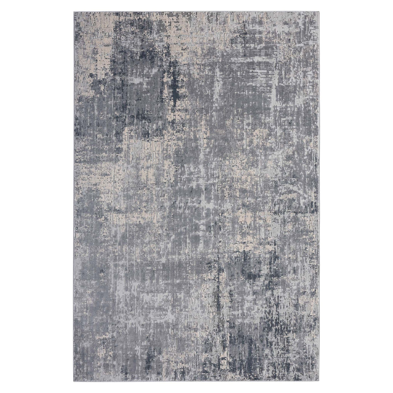Grey multi-coloured abstract modern rug with textured distressed pattern.