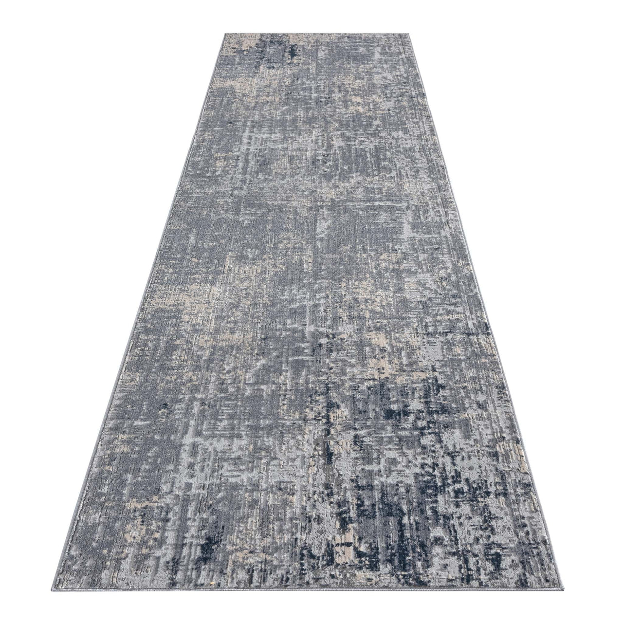 Grey runner rug with abstract multi-coloured distressed texture, modern low-shedding design.
