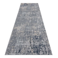 Grey runner rug with abstract multi-coloured distressed texture, modern low-shedding design.