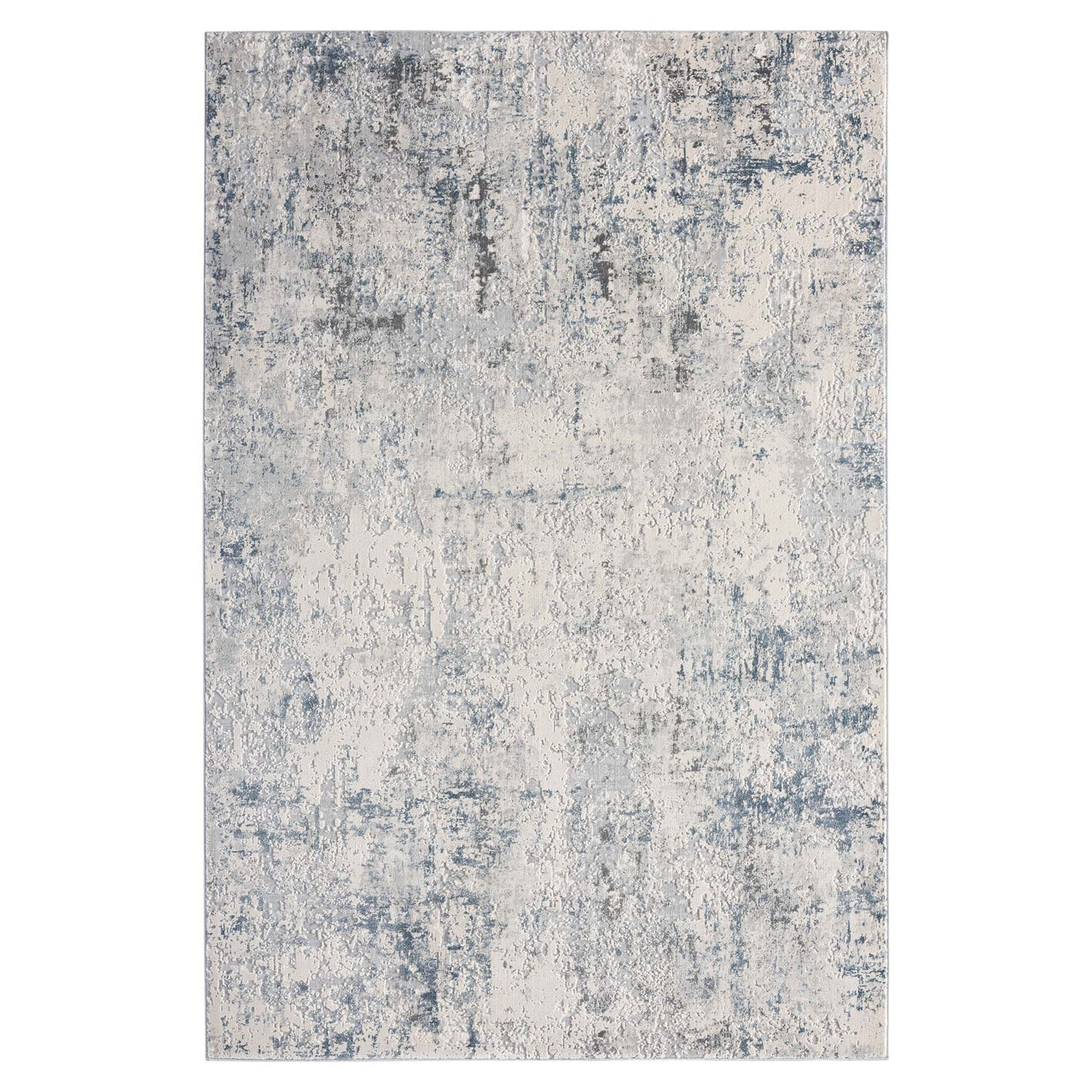 Grey multi-colored abstract modern rug with textured distressed pattern.