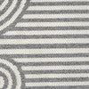 Grey and cream flatweave runner rug with modern geometric stripe and swirl pattern.