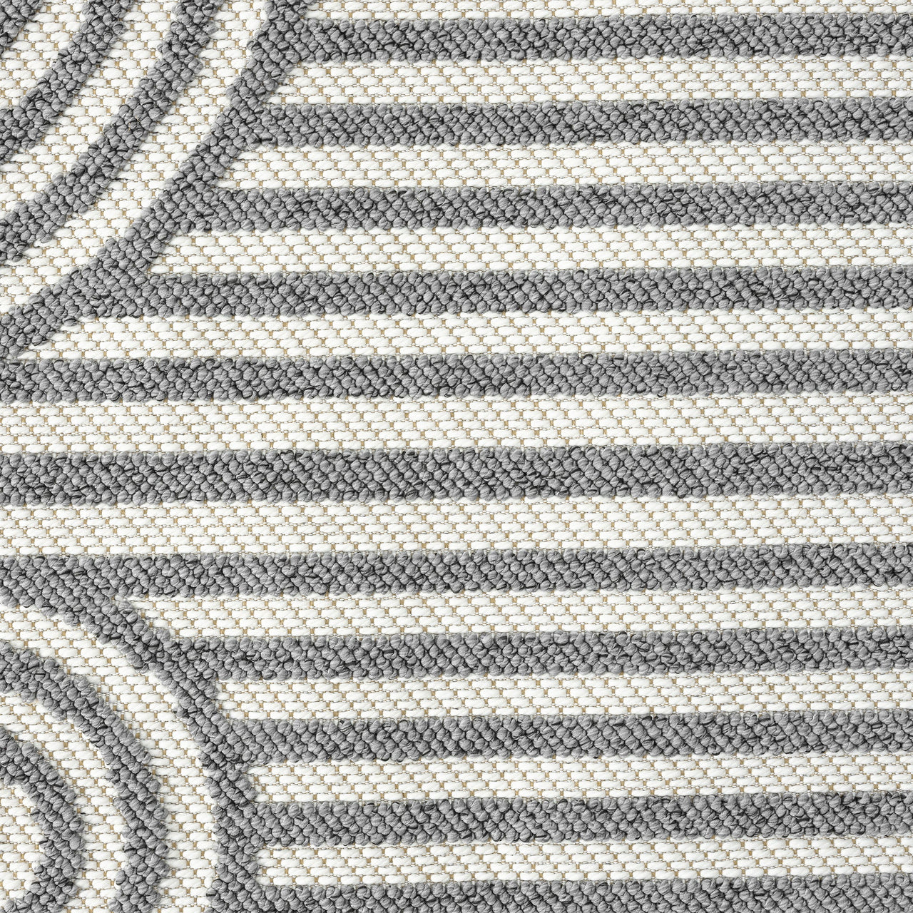 Grey and cream flatweave runner rug with modern geometric stripe and swirl pattern.