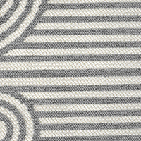 Grey and cream flatweave runner rug with modern geometric stripe and swirl pattern.