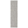 Grey flatweave runner rug with minimalist geometric arch pattern in monochrome tones.
