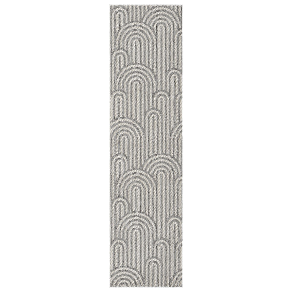 Grey flatweave runner rug with minimalist geometric arch pattern in monochrome tones.