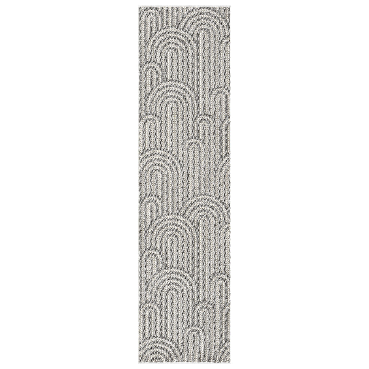 Grey flatweave runner rug with minimalist geometric arch pattern in monochrome tones.