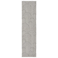 Grey flatweave runner rug with minimalist geometric arch pattern in monochrome tones.