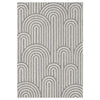 Grey flatweave rug with layered arch geometric pattern in minimalist modern style.