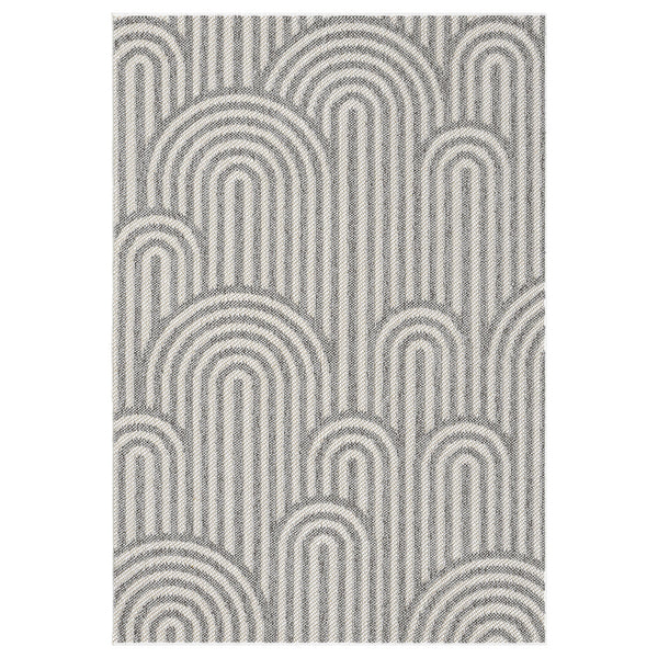 Grey flatweave rug with layered arch geometric pattern in minimalist modern style.
