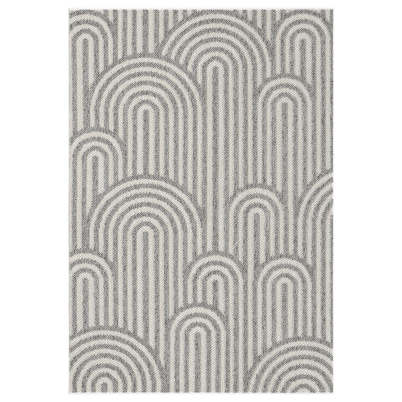 Grey flatweave rug with layered arch geometric pattern in minimalist modern style.