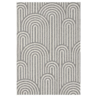 Grey flatweave rug with layered arch geometric pattern in minimalist modern style.