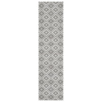 Grey flatweave runner rug with repeating diamond geometric pattern in white and charcoal tones.