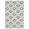 Grey flatweave rug with repeating diamond geometric pattern in varying shades of grey.
