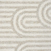 Cream flatweave rug with subtle beige geometric pattern featuring curved lines and stripes.