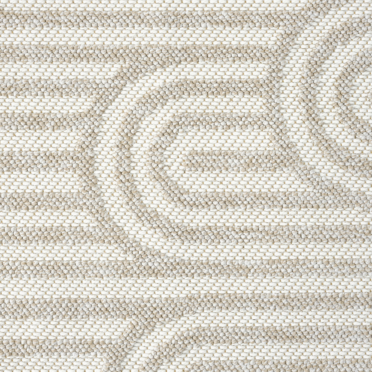 Cream flatweave rug with subtle beige geometric pattern featuring curved lines and stripes.