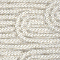 Cream flatweave rug with subtle beige geometric pattern featuring curved lines and stripes.