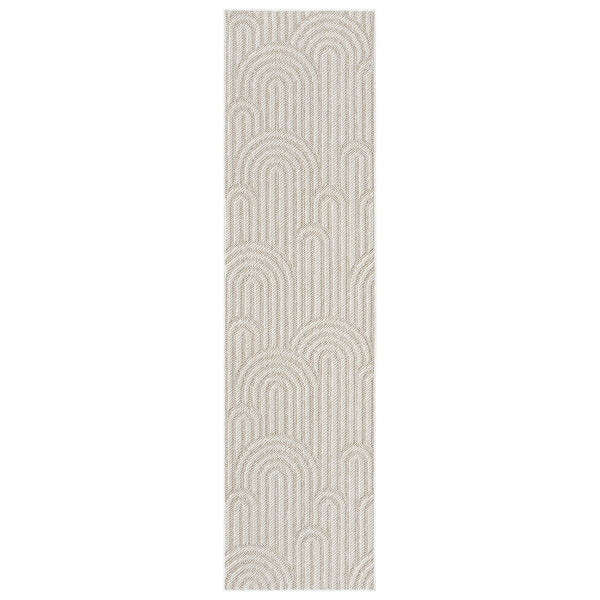Cream flatweave runner rug with subtle beige geometric arch pattern and minimalist design.