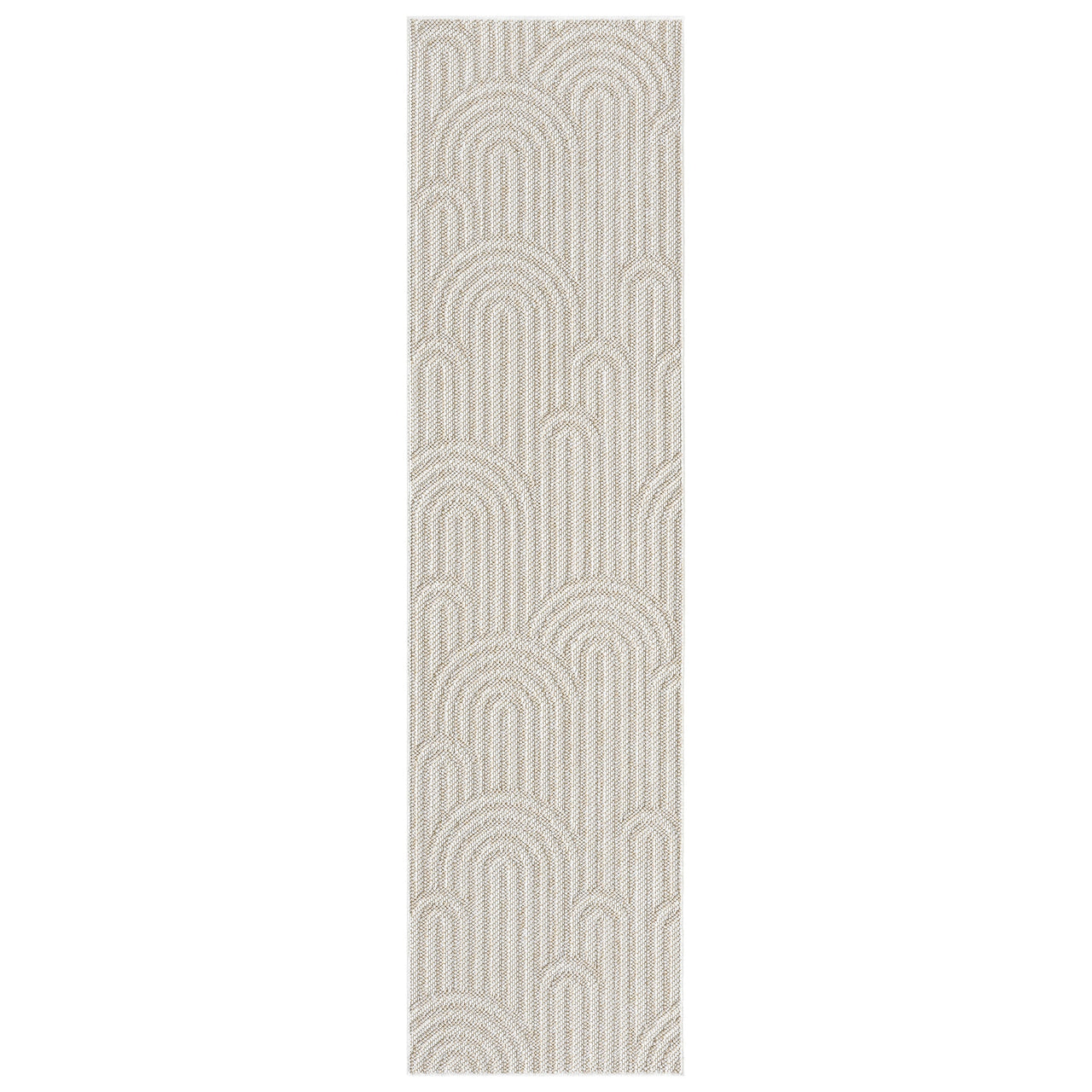 Cream flatweave runner rug with subtle beige geometric arch pattern and minimalist design.