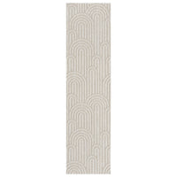 Cream flatweave runner rug with subtle beige geometric arch pattern and minimalist design.