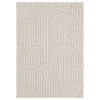 Cream flatweave rug with textured geometric arch patterns in monochrome beige tones.