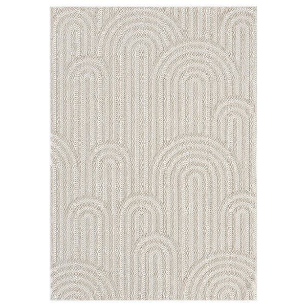 Cream flatweave rug with textured geometric arch patterns in monochrome beige tones.