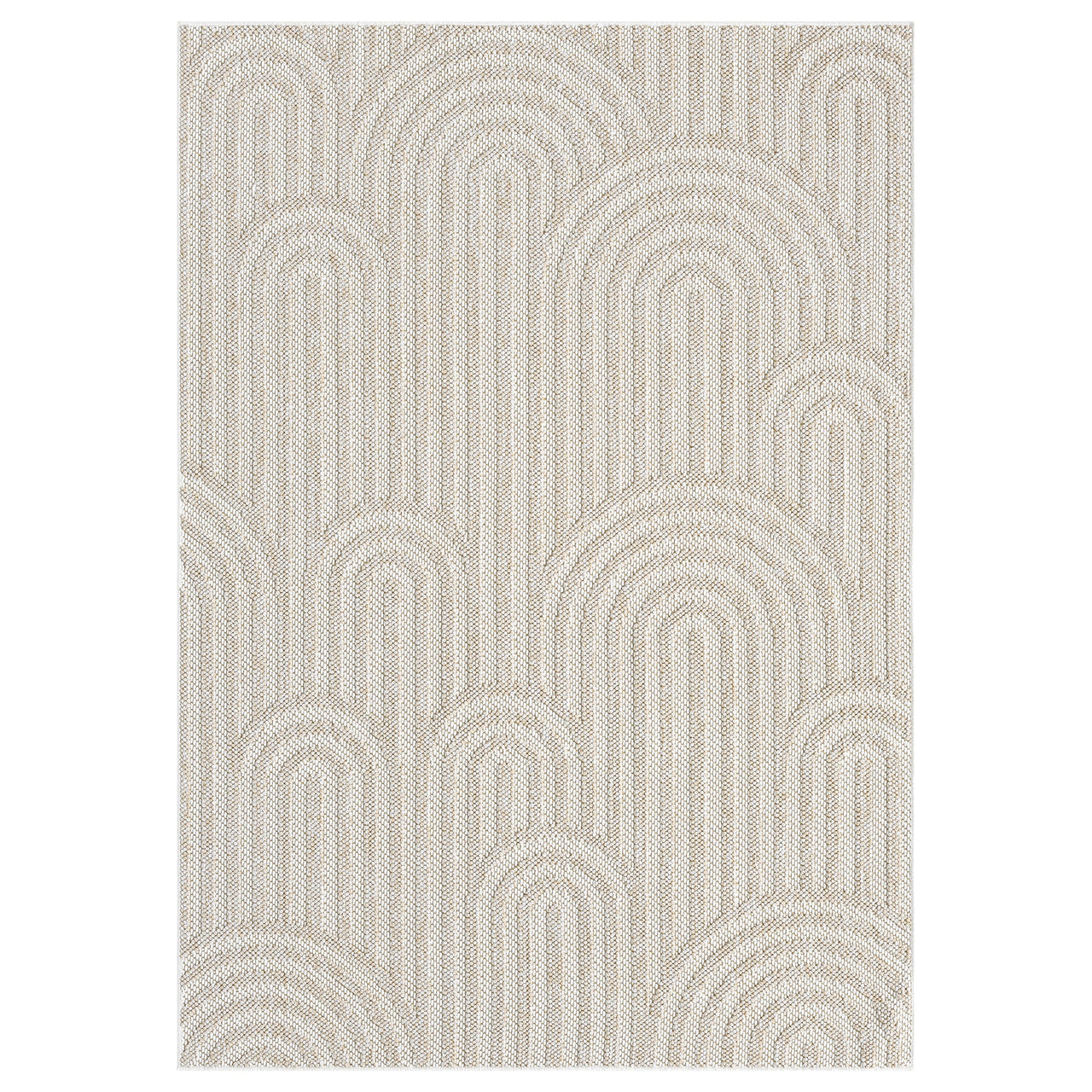 Cream flatweave rug with textured geometric arch patterns in monochrome beige tones.