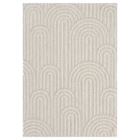Cream flatweave rug with textured geometric arch patterns in monochrome beige tones.
